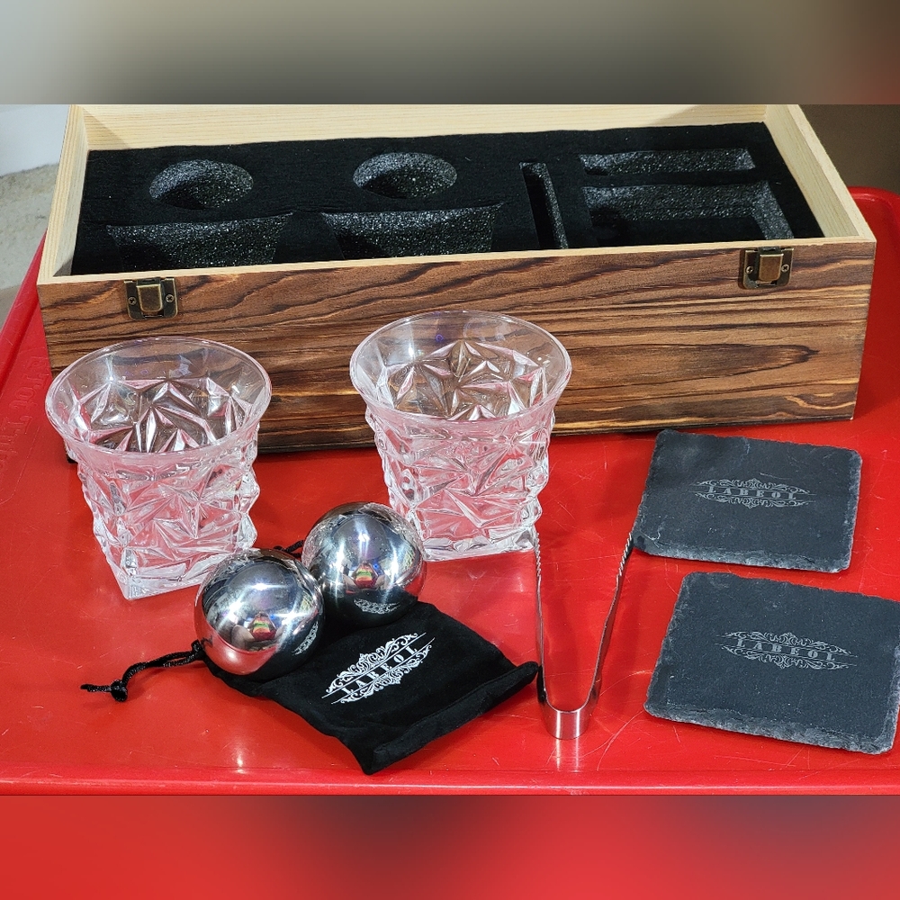 Whiskey Glass Set Steel Ice Balls Coasters Box Bourbon Rocks Glasses NEW
